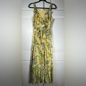 SOHO Apparel Yellow/Green Tropical Leaf Print Maxi Dress Ruffle V-neck Size M
